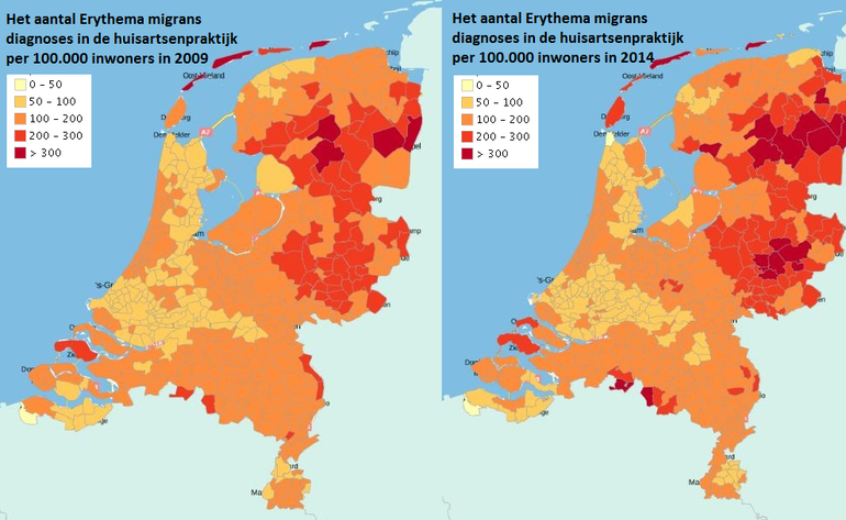 Aantal mensen dat na een tekenbeet met een rode vlek of ring op de huid door de huisarts is gezien in 2009 en 2014