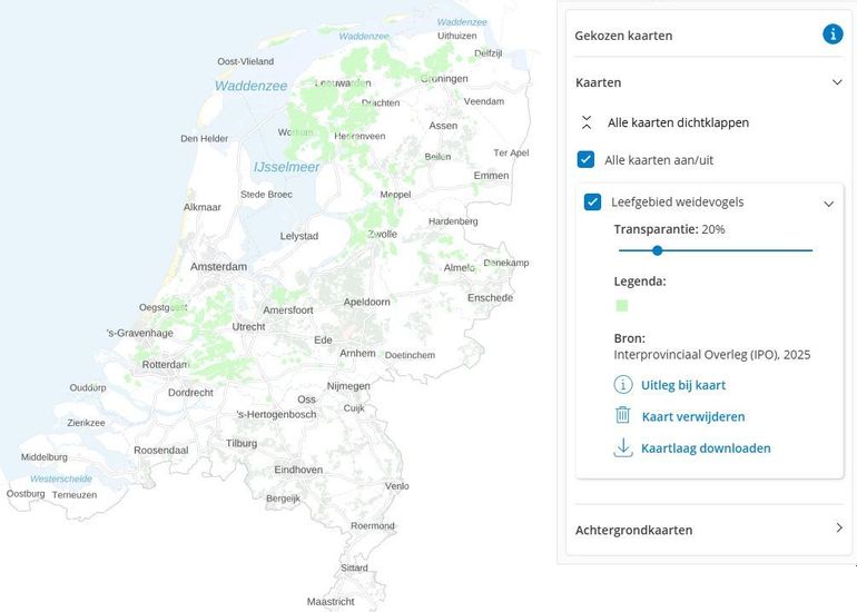 Met een aantal vogelsoorten gaat het niet zo goed in Nederland, zoals met weidevogels als de grutto, de kievit en de scholekster. De provincies stelden daarom voor bepaalde gebieden regels op om weidevogels te beschermen. Op de nieuwe kaart Weidevogels op de Atlas Leefomgeving zie je welke gebieden dat zijn