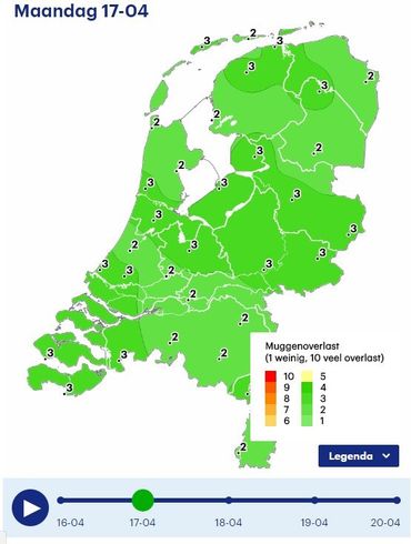 Muggenactiviteitsverwachting voor maandag 17 april 2017 gemaakt op 16 april 2017