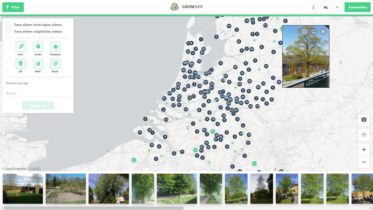 Screenshot van www.GrowApp.today met daarop alle foto-locaties die dit jaar zijn aangemaakt. Onder de kaart wordt een selectie van de foto’s getoond. Door op een punt of foto te klikken komt de time-lapse in beeld. Via de filteroptie links bovenin het scherm zijn alle time-lapse video’s te zien en kan er op # gezocht worden