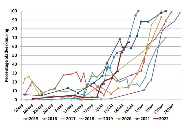 Verloop van bladverkleuring van een berk in de Lumentuin op de campus van Wageningen University in de jaren 2015 tot en met 22 oktober 2022