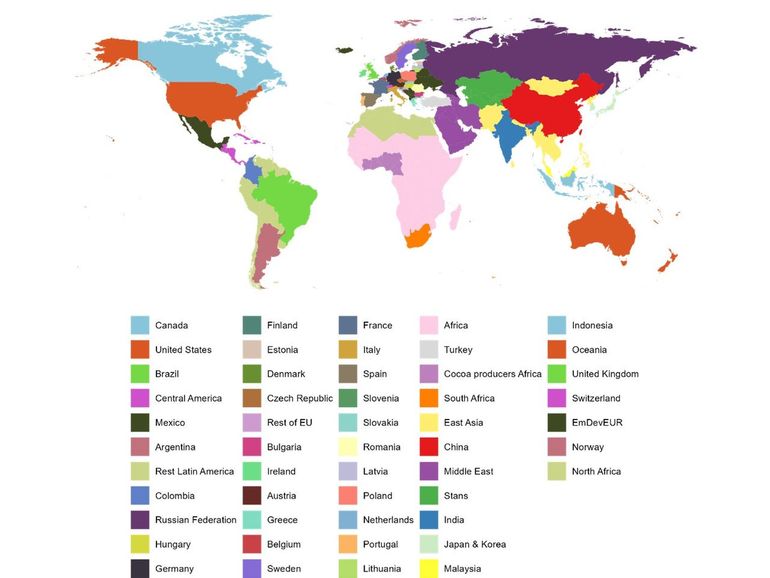 The 51 countries and world regions in the analysis