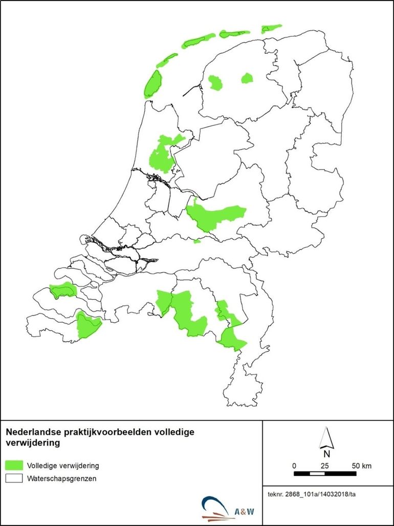 Kaart met regio’s waarin gedurende drie jaar (de periode 2015-2017) (vrijwel) geen vangsten zijn gedaan en die als voorbeeld van lokale verwijdering worden gezien