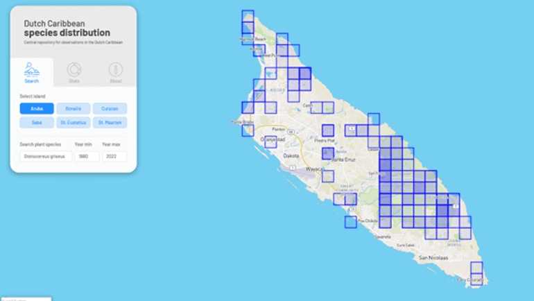 Figure 1. On the species distribution website you have to choose an island and the scientific name of a plant species. In the map the distribution of the columnar cactus Stenocereus griseus on the island of Aruba is shown, based on the available observation data