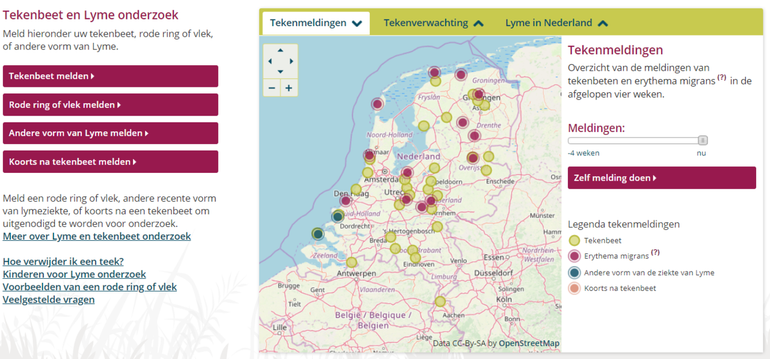 Screenshot van Tekenradar.nl op 22 september 2019. Een groene stip is een melding van een tekenbeet in de periode 15 tot en met 22 septemer. Een rode stip met rand is een erythema migrans (rode vlek of ring), een blauwe stip is een andere vorm vand e ziekte van Lyme en een oranje stip is een melding van koorts na een tekenbeet.