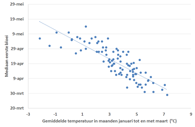 Figuur 3: Relatie tussen de bloeidatum van peer en de gemiddelde temperatuur in de maanden januari tot en met maart