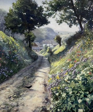 Foto van een aquarel van het Limburgse landschap gebruikt voor de Verkade-albums en opgenomen op de cover van de biografie Meester in het paradijs