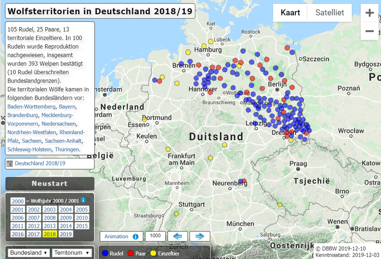 Overzicht van bevestigde wolventerritoria in Duitsland 2018-2019