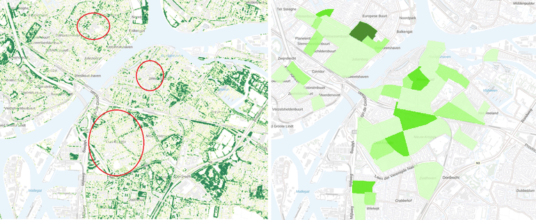 Op de kaart is Dordrecht te zien. Kwetsbare buurten voor klimaat (links) en bomen op de kaart (rechts). In rode cirkels de plekken waar nog veel winst voor klimaatadaptatie te behalen is