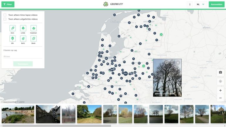 Screenshot GrowApp.today op 23 maart 2017. De cijfers in de bolletjes geven het aantal fotolocaties aan op die plek. Door in te zoomen op de kaart worden de individuele locaties zichtbaar. In de fotobalk onder de kaart wordt een selectie van de foto's getoond van de fotolocaties die op dat moment in de kaart zichtbaar zijn. Door met de muis over zo'n foto te gaan wordt in de kaart zichtbaar waar de foto gemaakt is