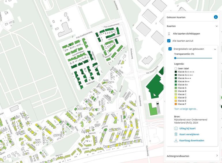 Op de kaart 'Energielabels van gebouwen' zie je de geregistreerde energielabels van alle adressen in Nederland. Kan het in jouw buurt beter? Vraag aan je buren of ze samen met jou stappen willen ondernemen