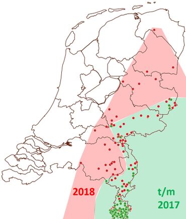 Scheefbloemwitje in Nederland: groen = tot en met 2017, rood = 2018. De uitbreiding zal nog verder gaan, want scheefbloemwitje vliegt nog tot ver in september 