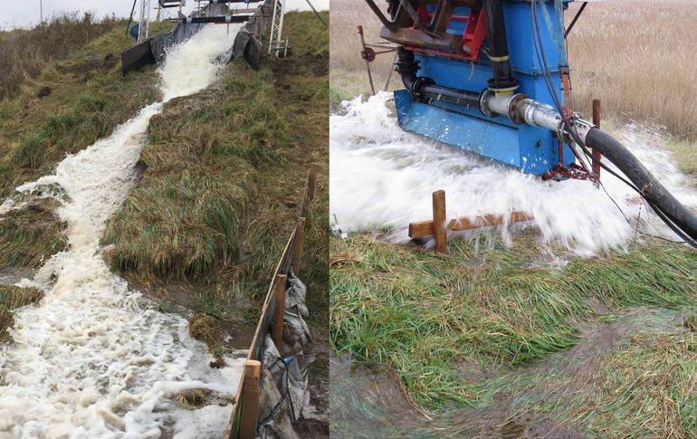 Twee manieren om de sterkte van zoden te testen onder extreme omstandigheden. Links de overlooptest van het Vlaamse Waterbouwkundig Laboratorium (binnenzijde dijk). Rechts de golfklaptest van INFRAM Hydren (buitenzijde dijk)