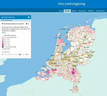 Percentage van de bevolking dat ernstig gehinderd wordt door de geur van landbouw en veeteelt