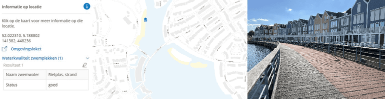Op de Atlas Leefomgeving zie je op de kaart Waterkwaliteit zwemplekken waar je veilig buiten kunt zwemmen. We zien dat de waterkwaliteit bij de Rietplas goed is. Rechts zie je de houten 'Scandinavische' huisjes
