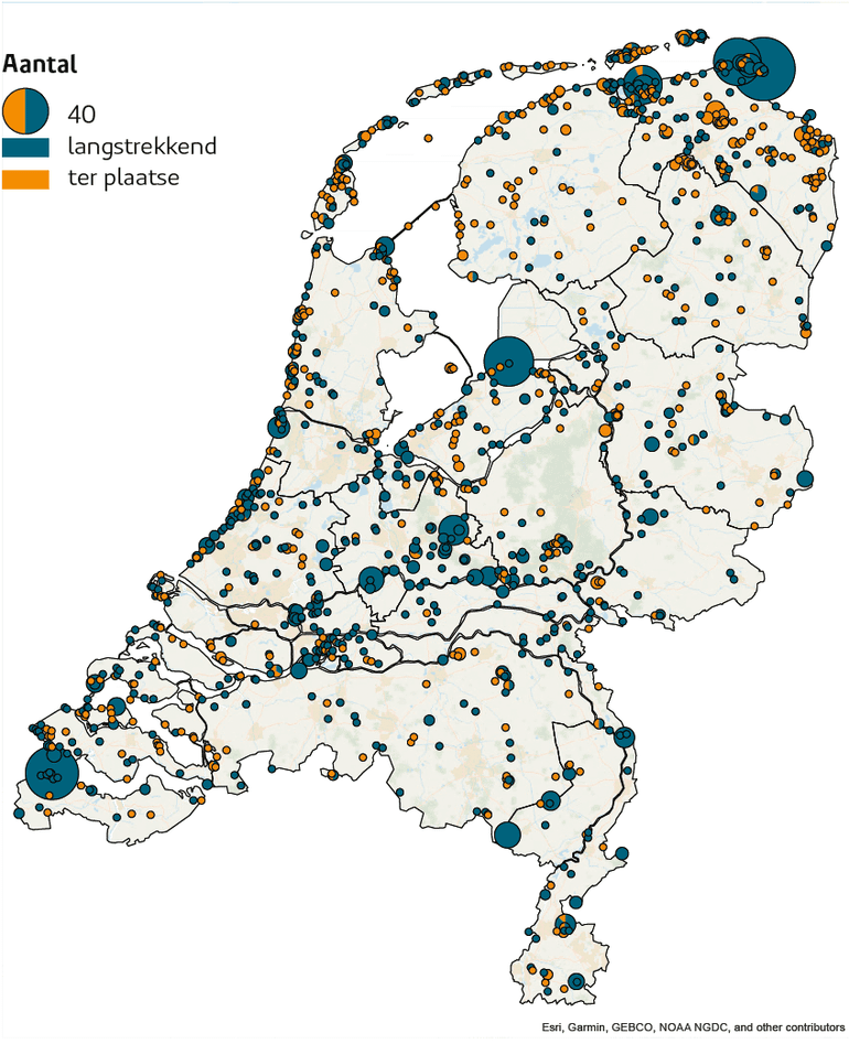 Figuur 3. Verspreiding van langstrekkende en pleisterende steppekiekendieven in 1866-2023, geclusterd per vierkante kilometer