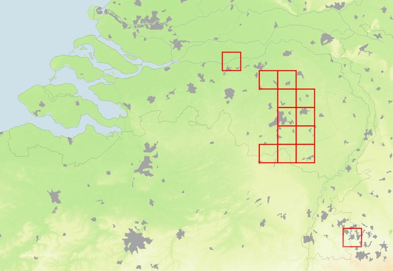 Thans bekende vindplaatsen van de vermiljoenkever; waarschijnlijk komt de soort ook in de tussenliggende en omringende gebieden voor