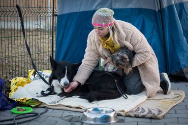 Natalya is gevlucht uit Oekraïne met haar twee honden, Key (links) en Lala (rechts) bij de Medyka grensovergang tussen Polen en Oekraïne