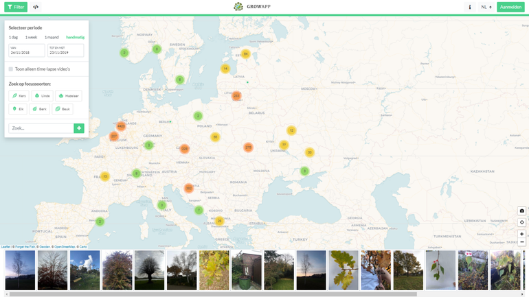 Locaties waar het afgelopen jaar in Europa timelapse-video's zijn gemaakt. Het cijfer in de bolletjes geeft aan hoeveel locaties er in die regio gemaakt zijn