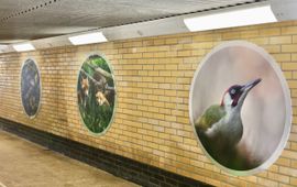Grote natuurfoto’s begeleiden reizigers door de stationstunnel richting de bosuitgang