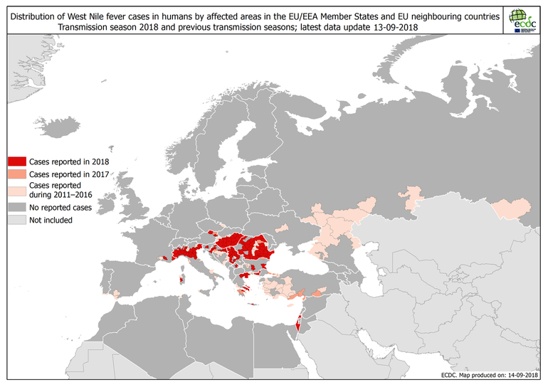 Verspreiding van het Westnijlvirus bij mensen in de EU en naburige landen in 2018 (rood), 2017 (oranje), en 2011 tot en met 2016 (lichtroze)