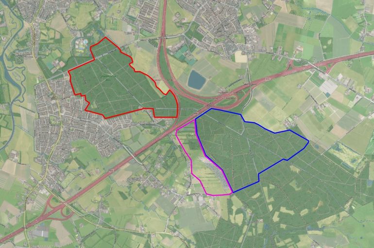 Het Ulvenhoutse bos (rood), Sint Annabos (blauw) en Broekloop (roze)