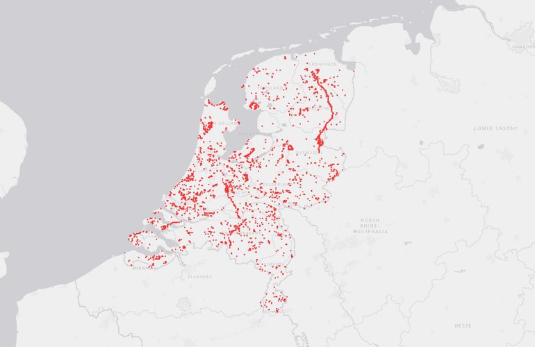 Verspreidingskaart van waarnemingen van mollen(sporen) die bij Waarneming.nl zijn doorgegeven tijdens de Mollentelling van 6 tot en met 8 februari 2026