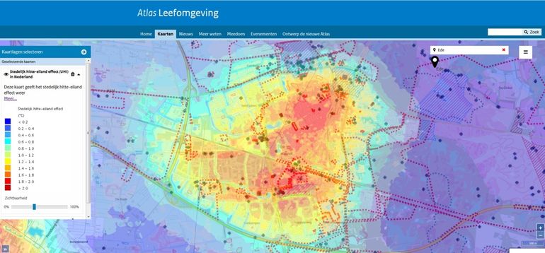 Combinatie van de Cultuurhistorische waardenkaart van de gemeente Ede met de Stedelijke hitte-eiland effectkaart