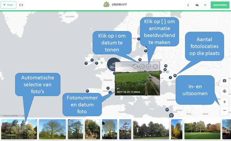 Scherm na wegklikken introblokje. Let op: animatie verdwijnt zodra er buiten de foto op het scherm geklikt wordt