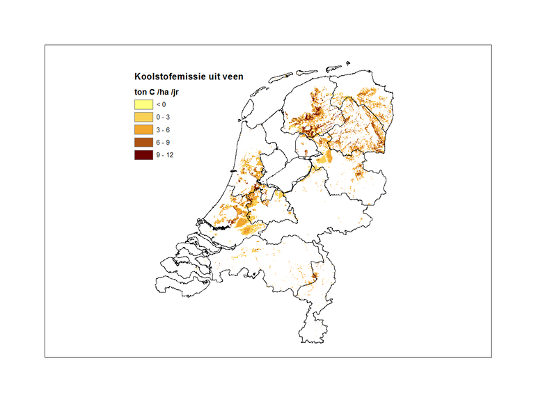 Figuur 3: Ruimtelijk patroon van uitstoot van koolstof vanuit veenbodems (2013).