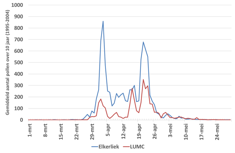 Verloop van het daggemiddelde van berkenpollen over de periode 1995 tot en met 2004