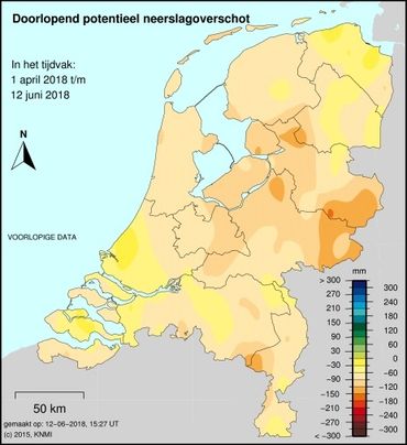 Doorlopend potentieel neerslagoverschot vanaf 1 april 2018 tot en met 12 juni 2018