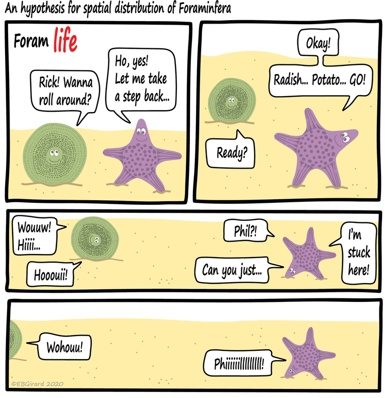 Foram Life, Elsa’s strip over het leven van Phil en Rick. De tekeningen van de foraminiferen zijn geïnspireerd op het review-artikel van Prazeres en collega's uit 2020 in Environmental Pollution