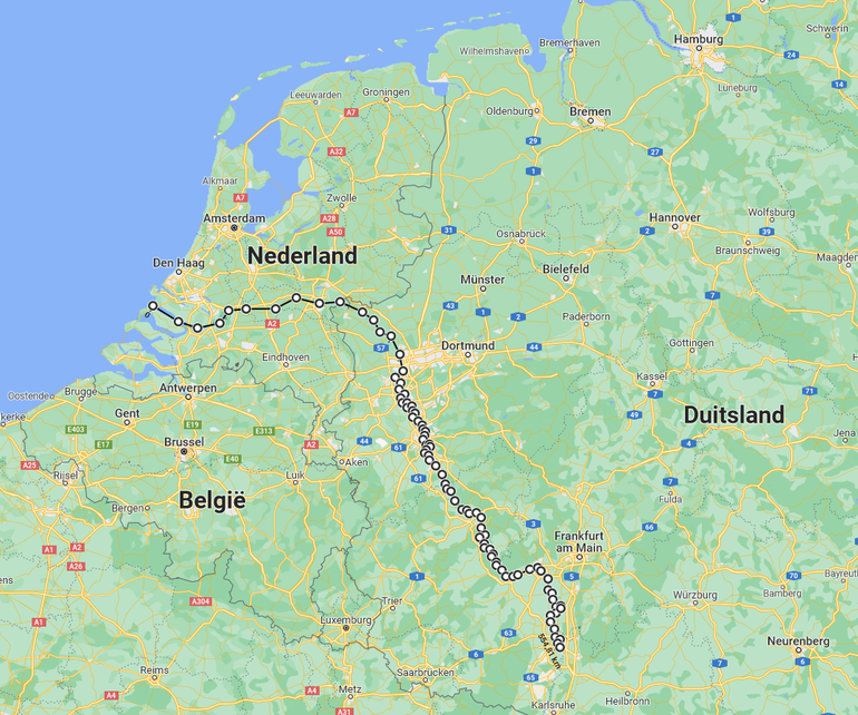 De route over de Rijn die snoekbaars 11328 heeft afgelegd