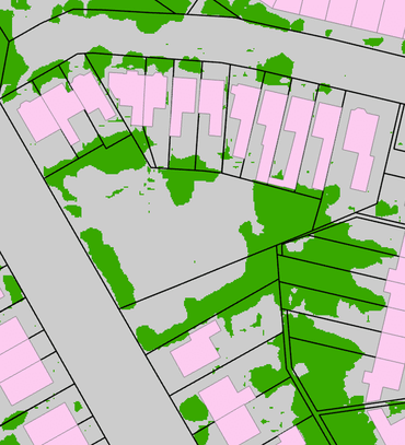 Voorbeeld uit kaart die de hoeveelheid groen in tuinen visualiseert