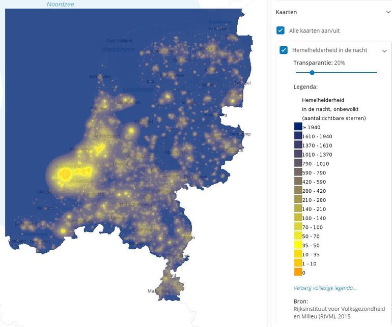 Op de kaart Hemelhelderheid op Atlas Leefomgeving kun je zien hoeveel sterren je in jouw woonomgeving kunt zien op een onbewolkte nacht