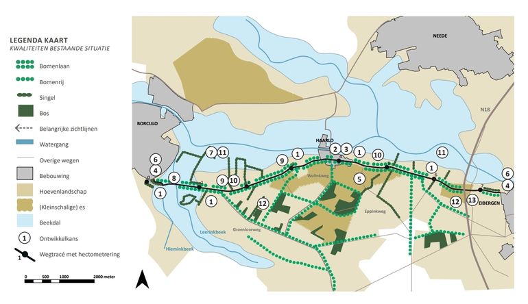 Trajectblad Borculo-Eibergen. Voor het hele traject staat uitgewerkt welke kansen en knelpunten aanwezig zijn voor landschap, natuur en cultuurhistorie. Dit wordt verderop in tekst toegelicht. Bijvoorbeeld: Door het herstellen van de bomenlaan wordt de provinciale weg weer een drager binnen het landschap. Dit is tevens gunstig voor de vleermuizen in het gebied