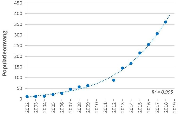 Figuur 2. Populatieontwikkeling van de otter in de periode 2002-2018. Van 2010 en 2011 zijn geen gegevens bekend, omdat toen geen genetisch onderzoek is uitgevoerd. R2 zegt iets over de mate waarin de berekende lijn door de punten de werkelijke data (punten) benadert. R2 heeft een waarde tussen 0 en 1. 0 = geen enkel verband, 1 = een perfect verband