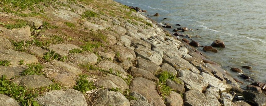 Nederlandse rotskusten van natuursteen: Grote oppervlakken Noordse stenen op de Uitdammerdijk