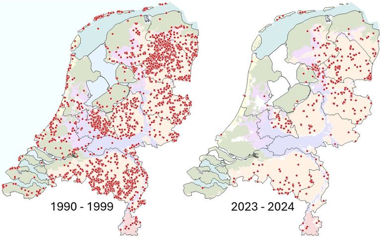 Verspreiding van de zwarte heidelibel in de periode 1990 tot 1999 (langere periode, maar met veel minder waarnemers en waarnemingen) en 2023 tot 2024