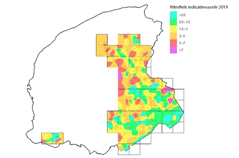 De hoeveelheid stikstofminnende korstmossen op de Friese zandgronden in 2019 (Nitrofiele Indicatie Waarde)