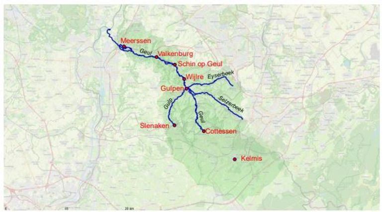 Overzichtskaart van het stroomgebied van de Geul met de zijrivieren 