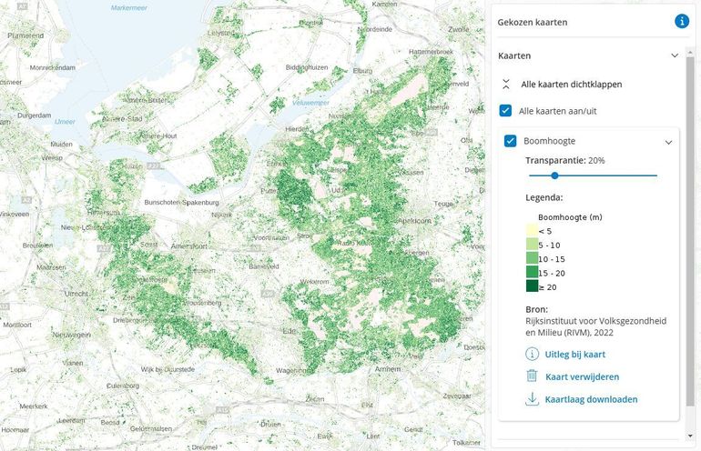 Boomhoogte-kaart: Op de kaart zie je waar in Nederland bomen van 2,5 meter of hoger staan. Hoe hoger de bomen, hoe donkerder de kleur groen op de kaart