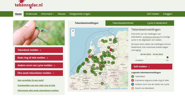 Meldingen van tekenbeten en rode ring of vlek op Tekenradar.nl in de periode 9 tot en met 16 april 2023