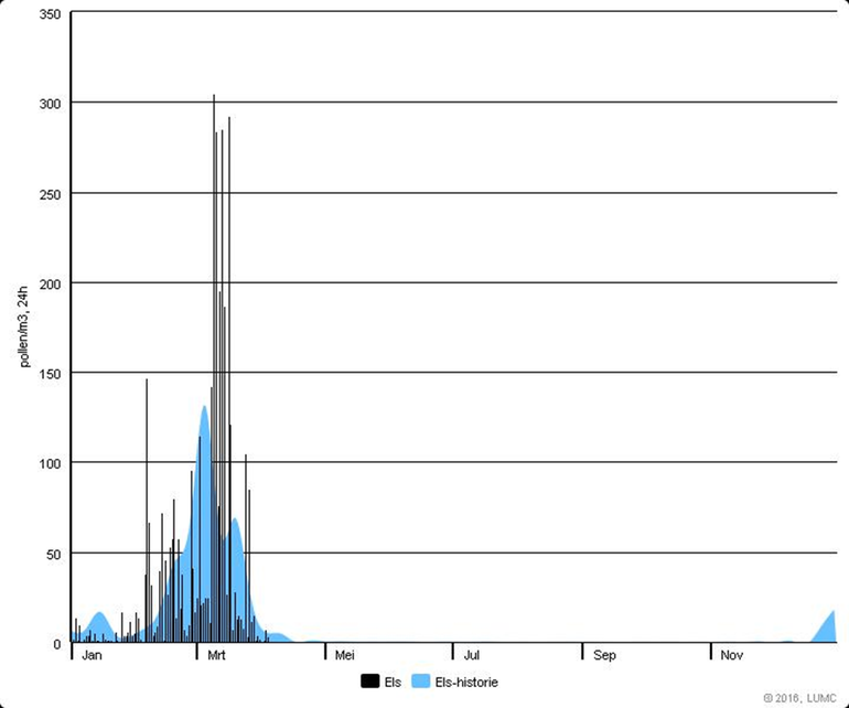 De dagelijkse elzenpollentellingen in 2016 (zwarte kolommen) en het gemiddelde van de dagelijkse tellingen van de afgelopen 10 jaar in blauw op de achtergrond
