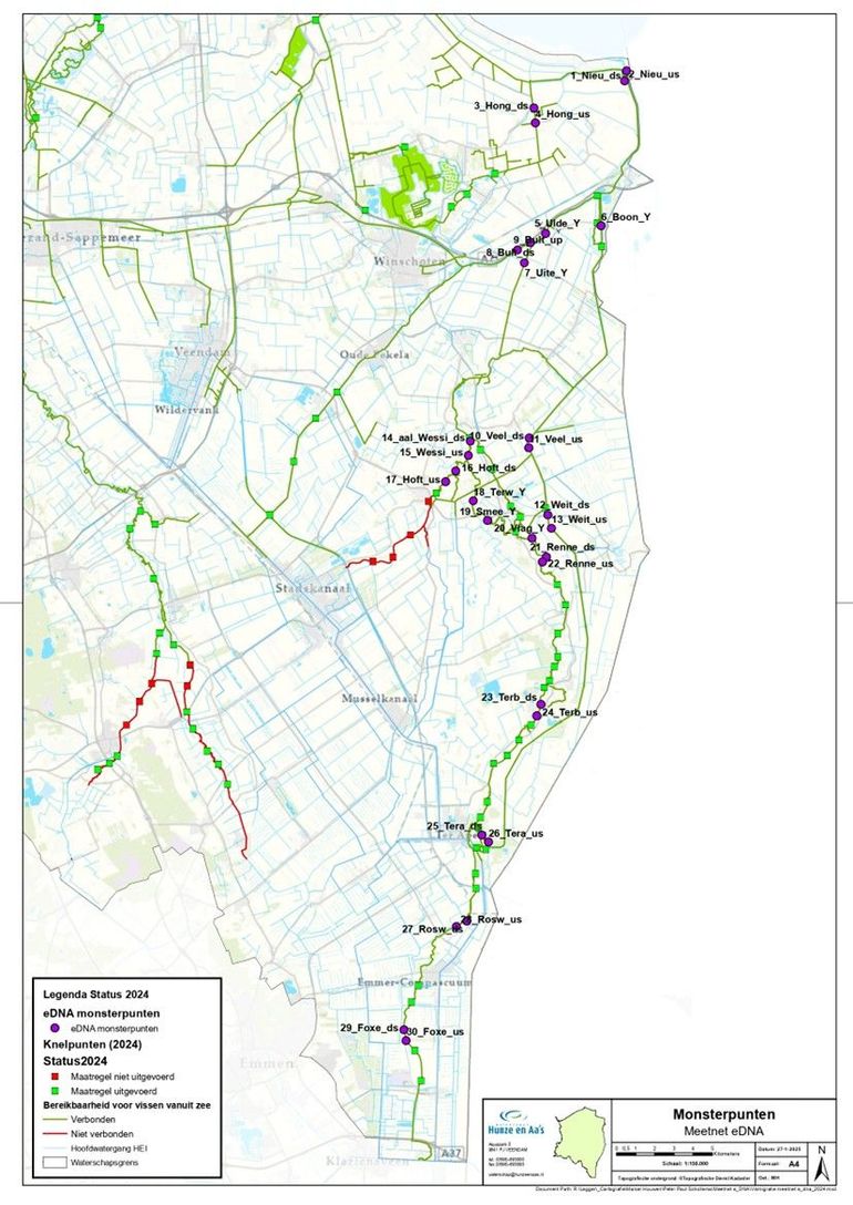 Overzicht van aal eDNA-bemonsteringslocaties in het Westerwoldsche Aa rivierencomplex