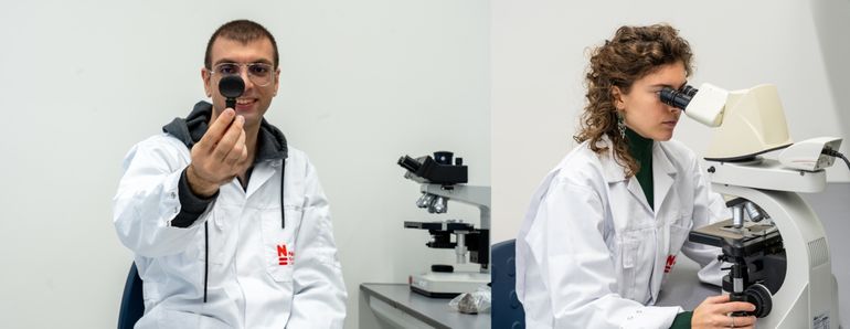 PhD student Mehrdad Jahanbanifard holding a cello tuning peg that was analysed in this study (left). PhD student Vicky Beckers observing anatomical patterns of this ebony wood sample via a light microscope (right)