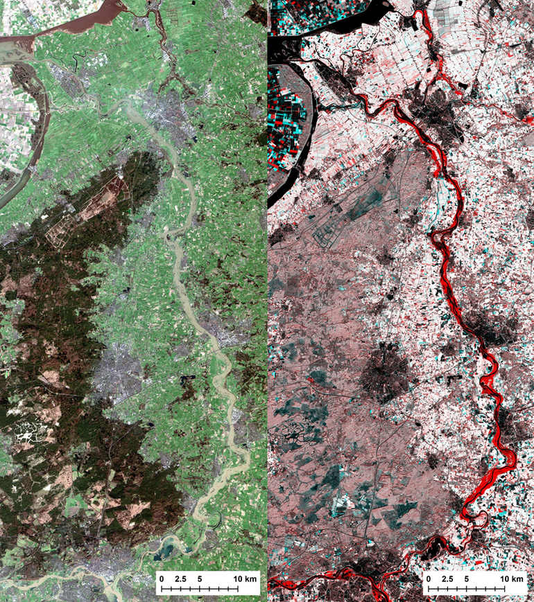 Foto links: satellietfoto van de IJssel op 8 januari 2018. Foto rechts: Gecombineerde beeld waarin de overstroomde IJsseluitwaarden in rood oplichten