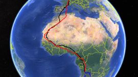 Trekroute van boomvalk Lex in het najaar van 2023 (rood), de overwintering (blauw) en het voorjaar van 2024 (zwart).