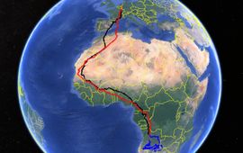 Trekroute van boomvalk Lex in het najaar van 2023 (rood), de overwintering (blauw) en het voorjaar van 2024 (zwart).